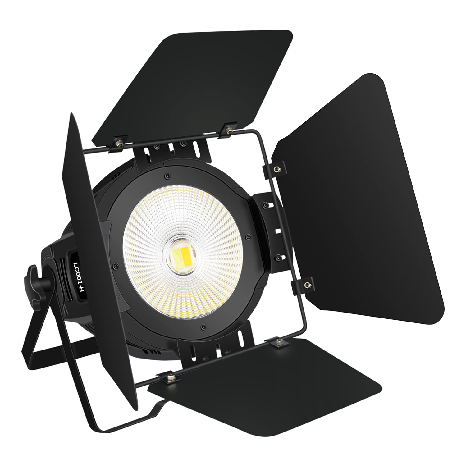 A photo of a LED spotlight equipped with foldable plates on each side, acting like barn doors.