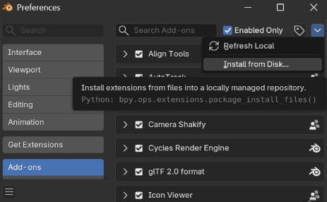 Blender add-on installation menu
