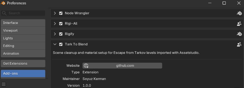 Tark to Blend in the Blender add-on list