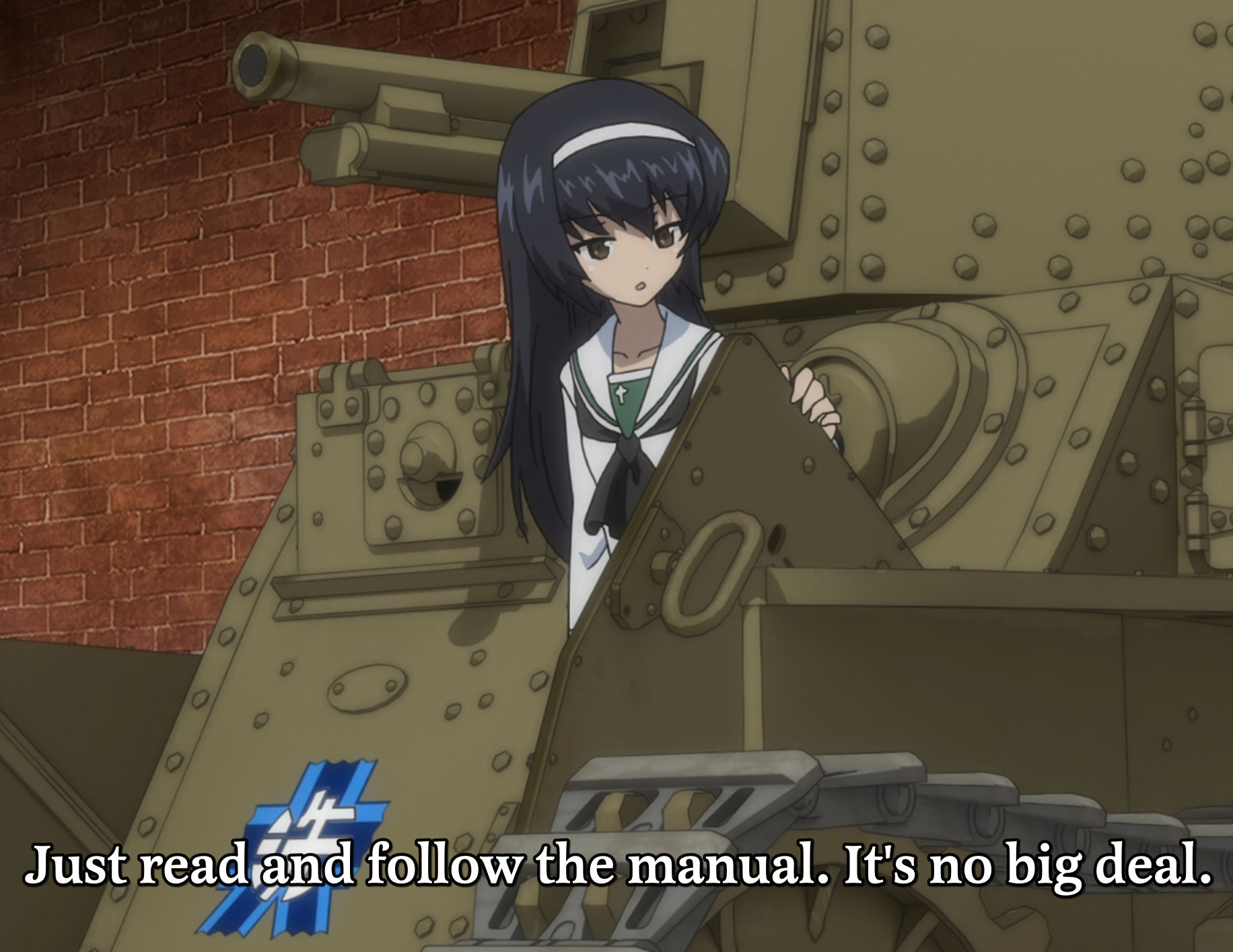 Screenshot from Girls und Panzer. 'Just read and follow the manual. It's no big deal.'