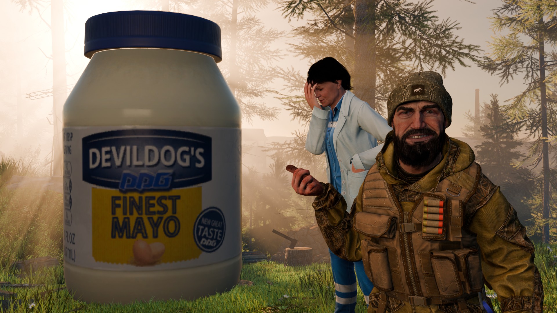 Jaeger points at a comically huge pot of mayo, while Therapist disapproves