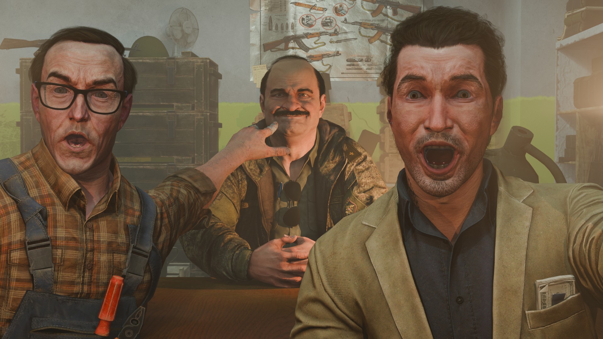 Mechanic and Ragman pointing at Prapor who is smiling