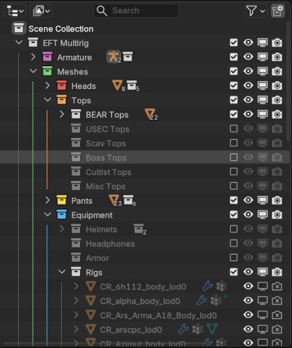 Outliner of the file with a Tarkov character