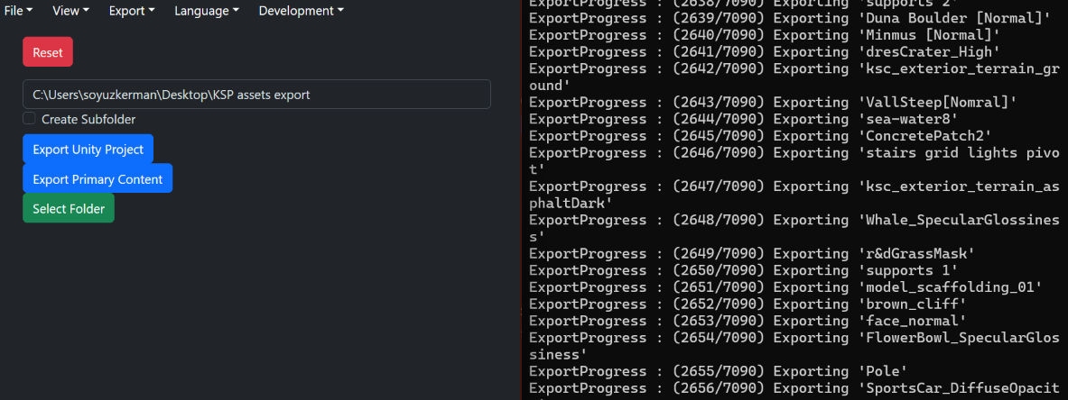 Assetripper interface while exporting files.