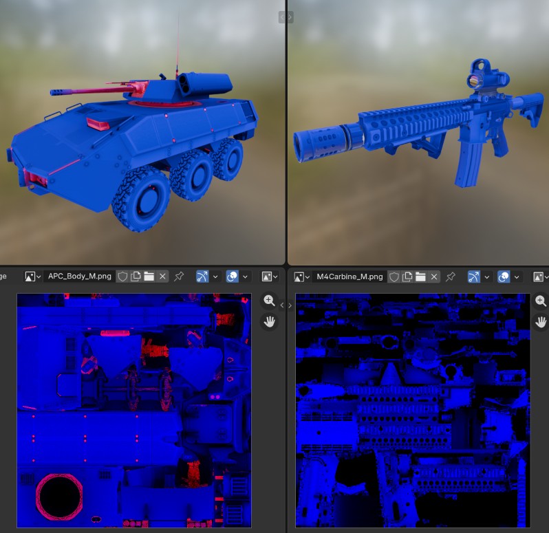Blue and red texture applied to objects.